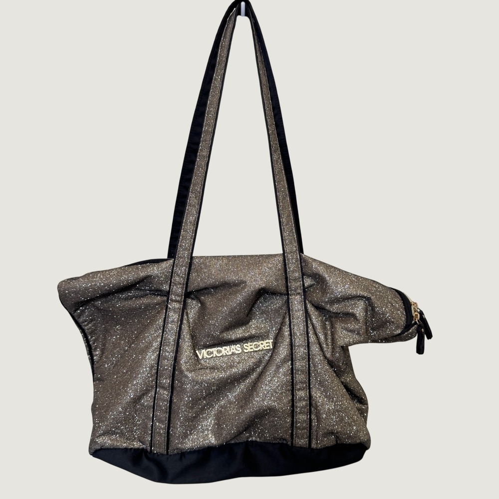 Victoria's Secret Womens Tote Bag Large Gold Glitter Metallic Glam Travel Y2K
